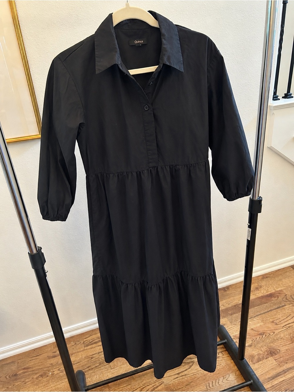 Quince Black Collared Tiered Midi Shirt Dress